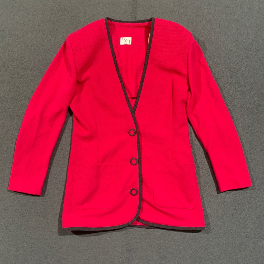 Eva Blazer Jacket Women S Pink Ribbed Knit V-Neck Contrast Trim Barbiecore 80s